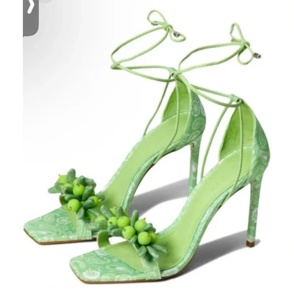 Schutz Sandals High Heel 4.5" Green Jeweled Front Ankle Wrap Size 5B - Picture 1 of 7